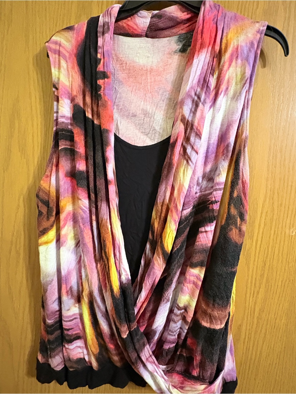 Colorful Draped Sleeveless Top in Pink, Black & Yellow